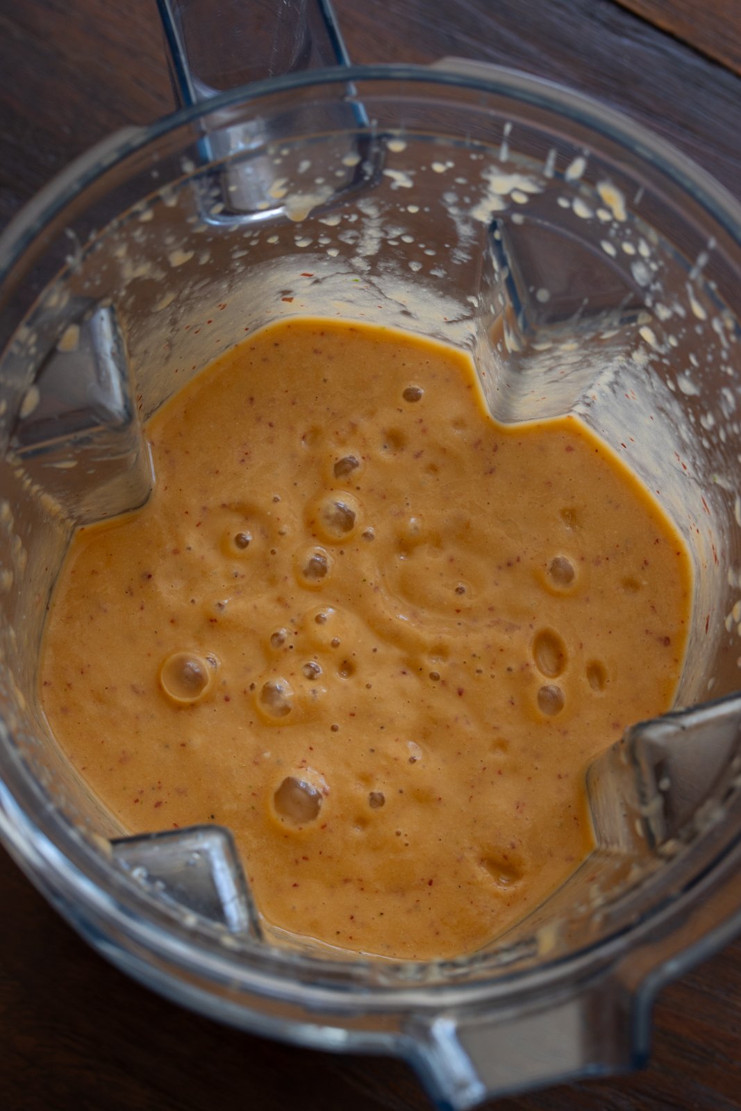pureed ingredients for the peach tomato gazpzcho