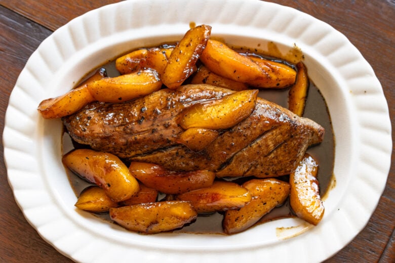 Glazed peaches poured over the pork tenderloin. 