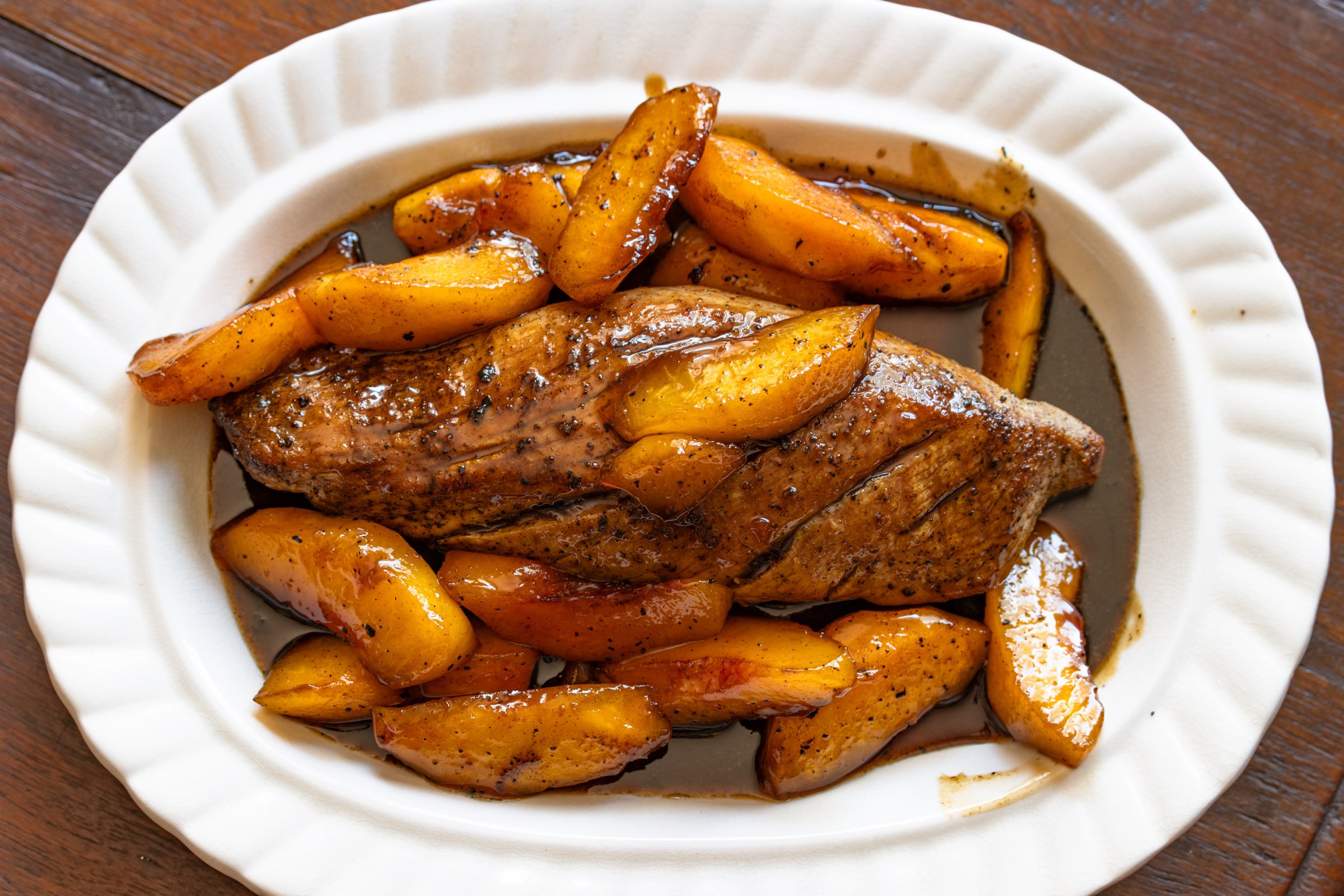 Glazed peaches poured over the pork tenderloin.