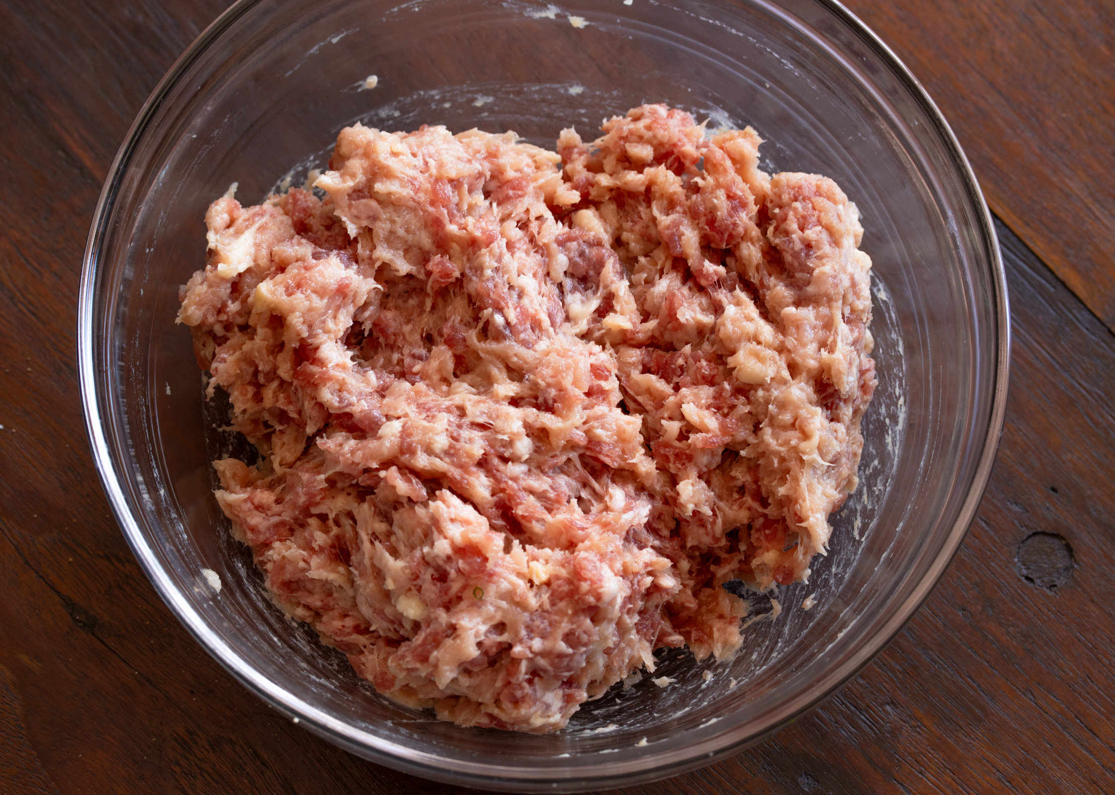 The two meats are blended for the chicken meatballs.