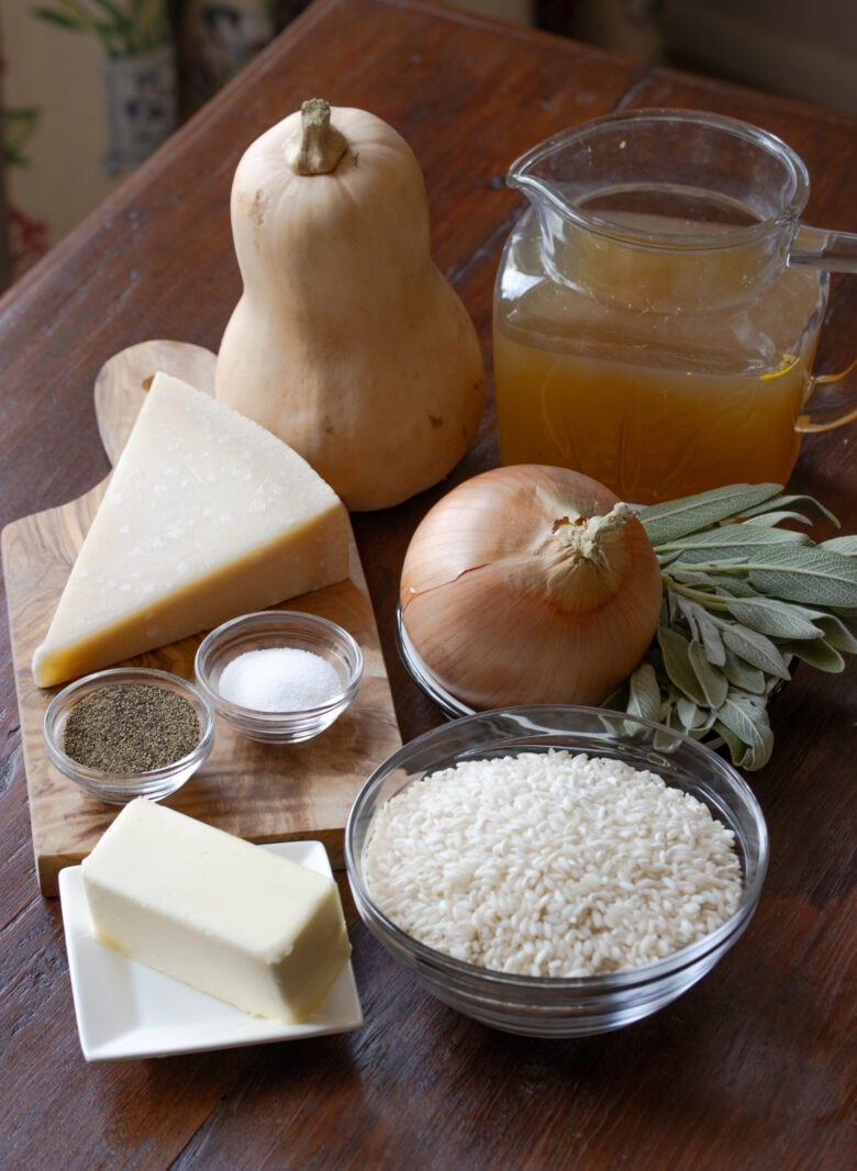 Ingredients needed to make this butternut squash risotto recipe. 