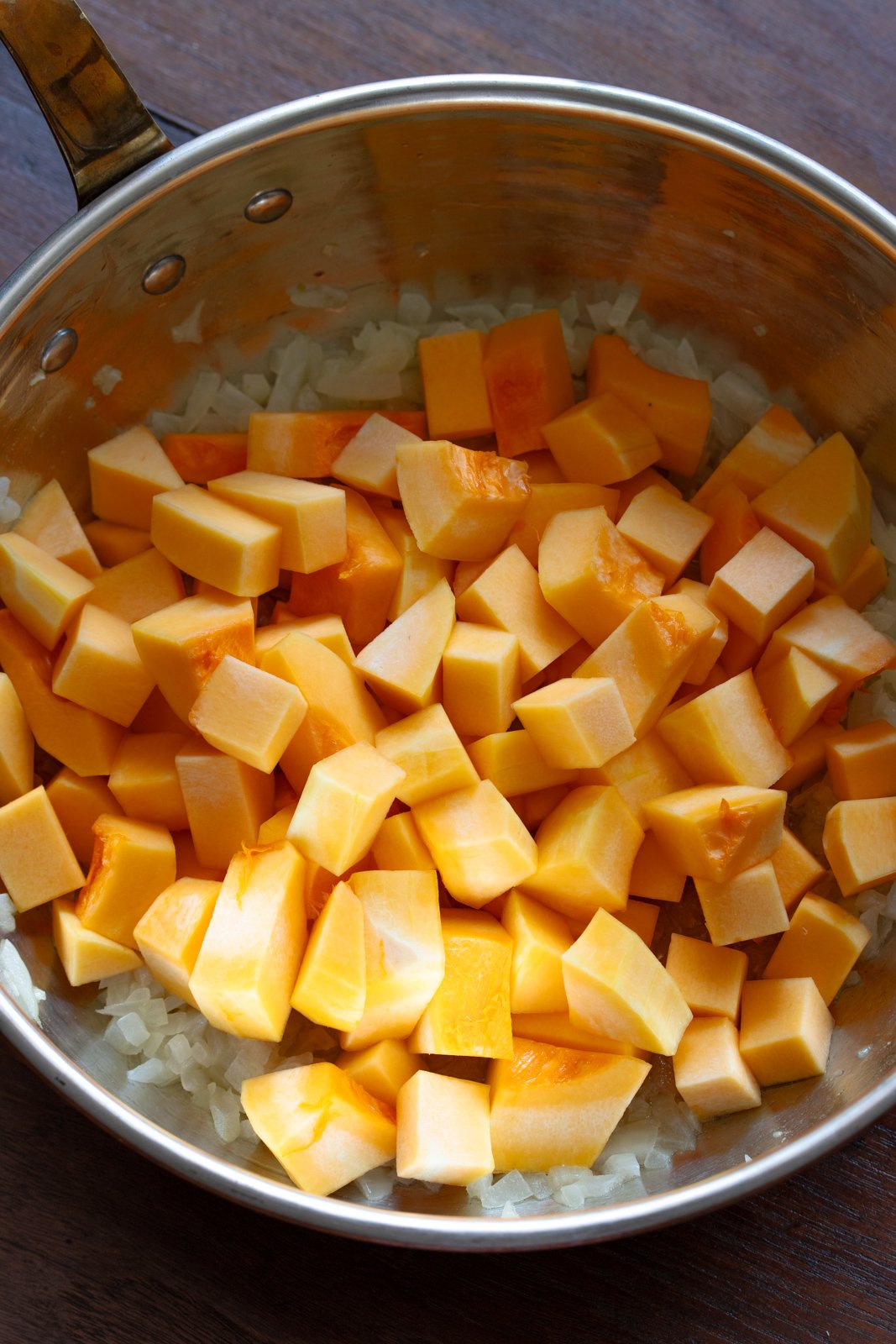 Butternut squash added to the onions.
