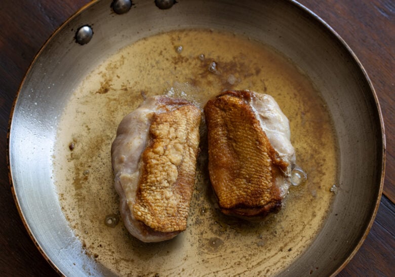 Duck skin cooked to a golden color and very crispy. 