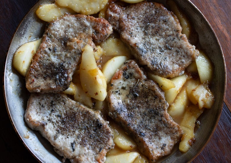 Boneless pork chops added to the pear ginger mixture.