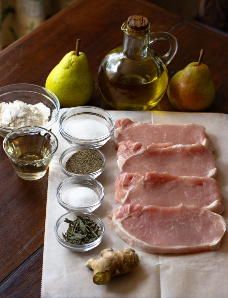 Ingredients needed to make this pan-fried boneless pork chops.