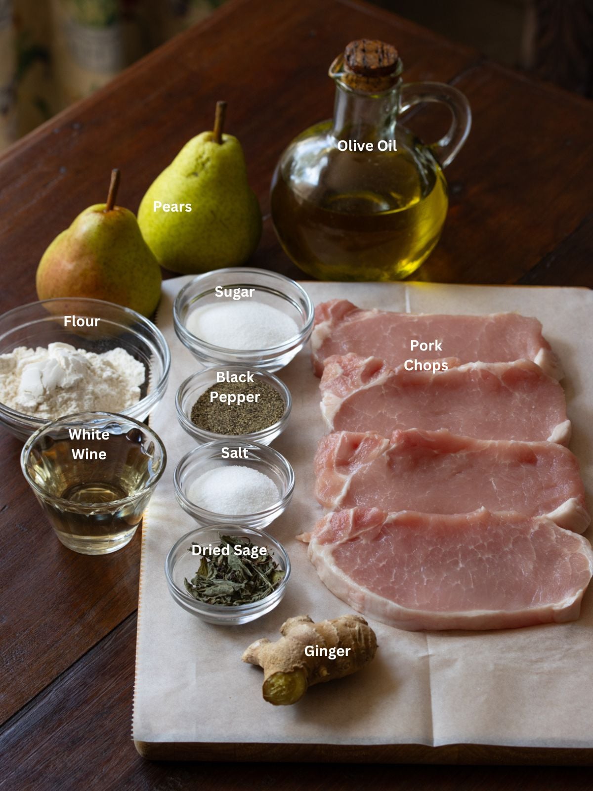 Ingredients needed to make this pan-fried boneless pork chops.