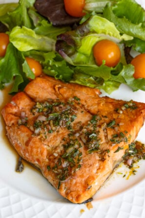 Broiled salmon with tarragon sauce surrounded by salad.