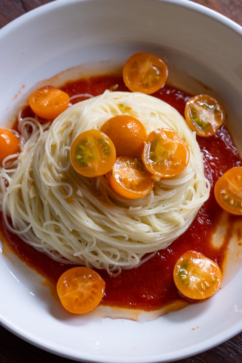 Cherry tomatoes angel hair pasta.