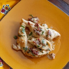 Chicken and sun dried tomato on a serving plate.