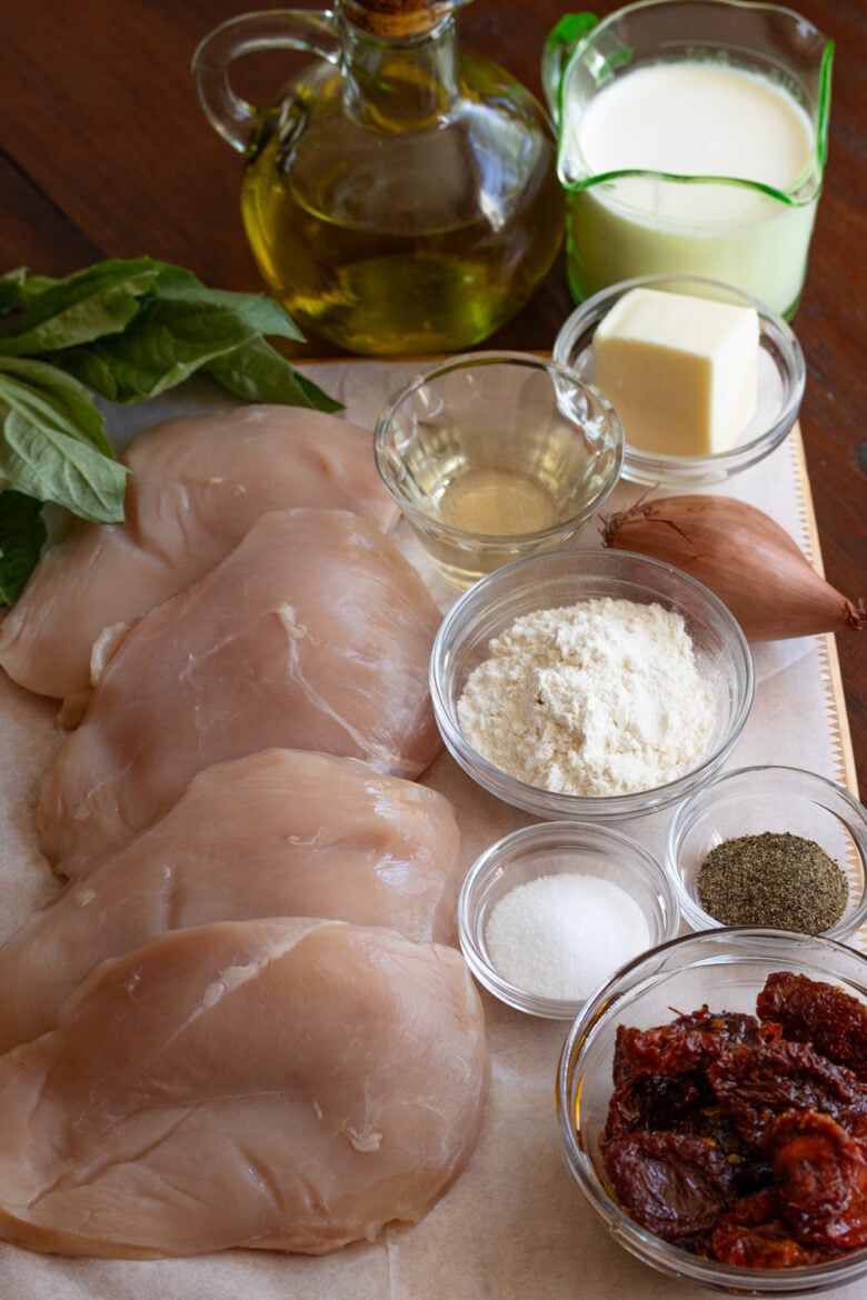 Ingredients needed to create chicken and sun dried tomato