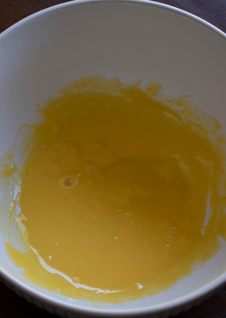 Egg yolk beaten with the olive oil to create a cream.