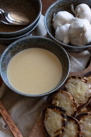 Garlic soup with cheese croutons.