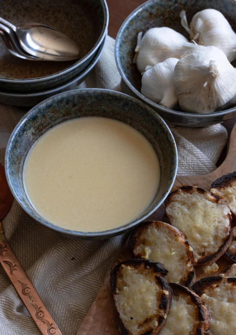 Garlic soup with cheese croutons.