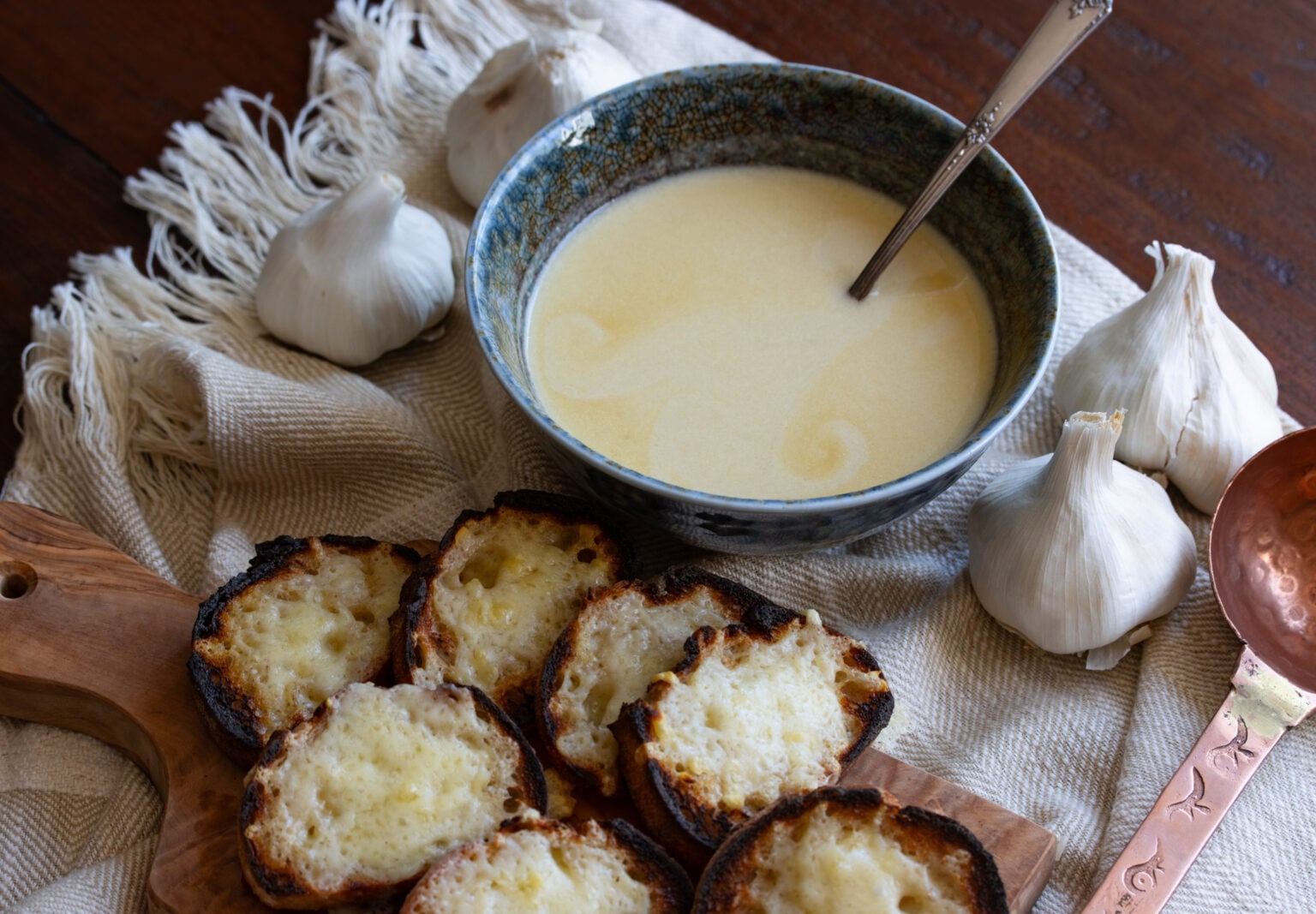 Garlic soup with cheese croutons.