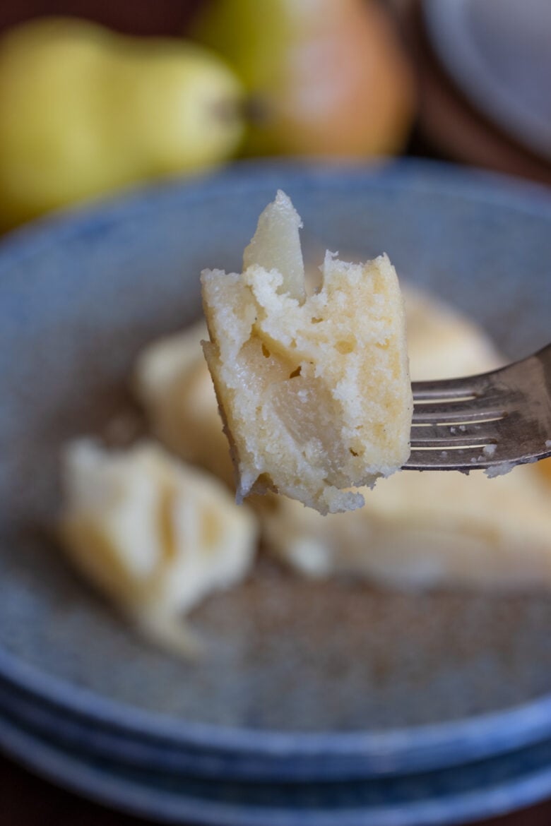 Close up of a bite of the pear pound cake.