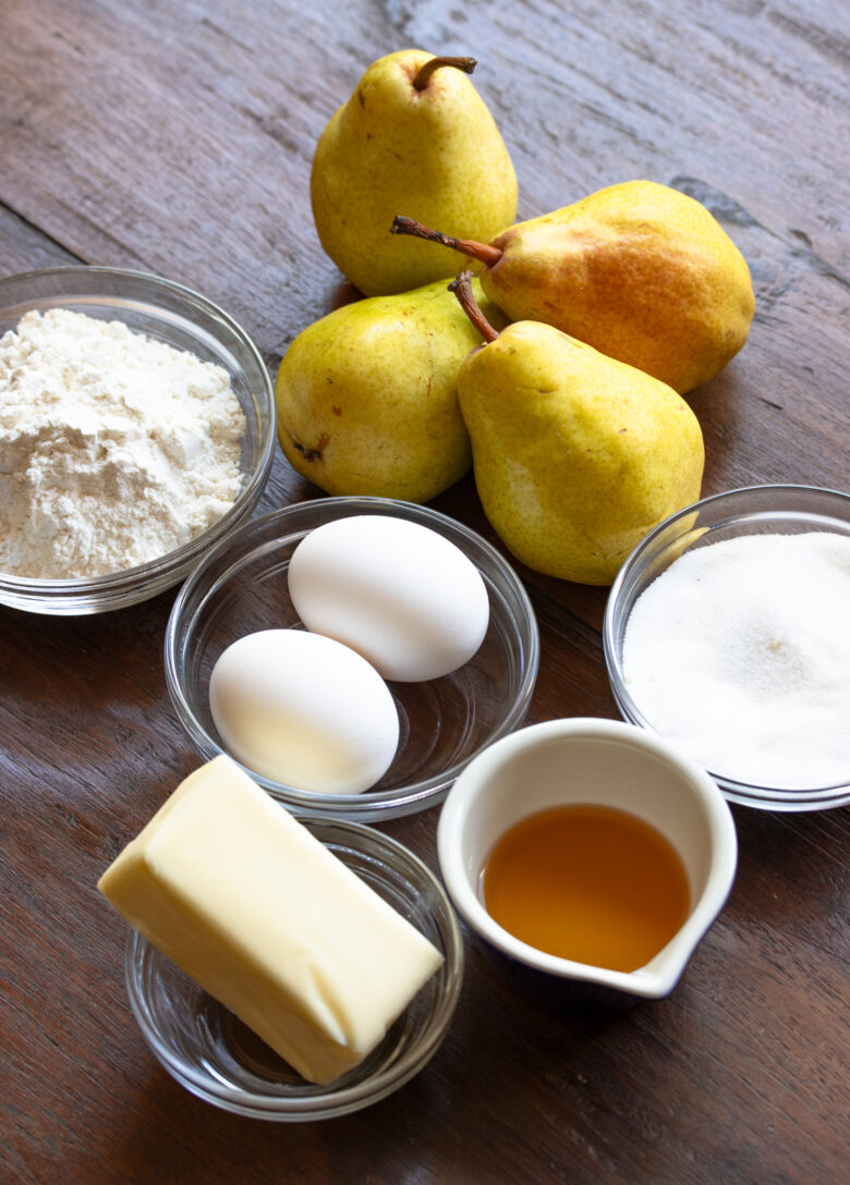 Ingredients needed to make the pear cake.