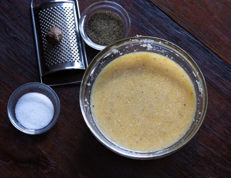 Cheese egg mixture to be added to the chicken stock.