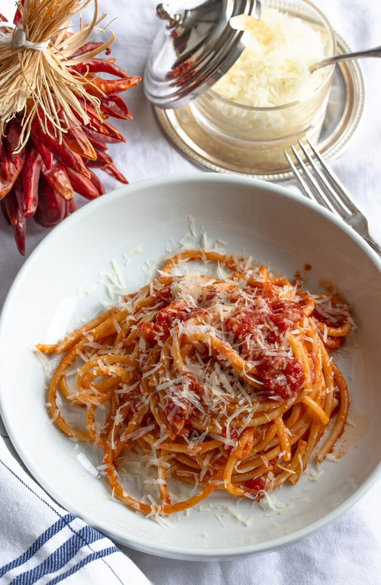 A big plate of Amatriciana pasta.