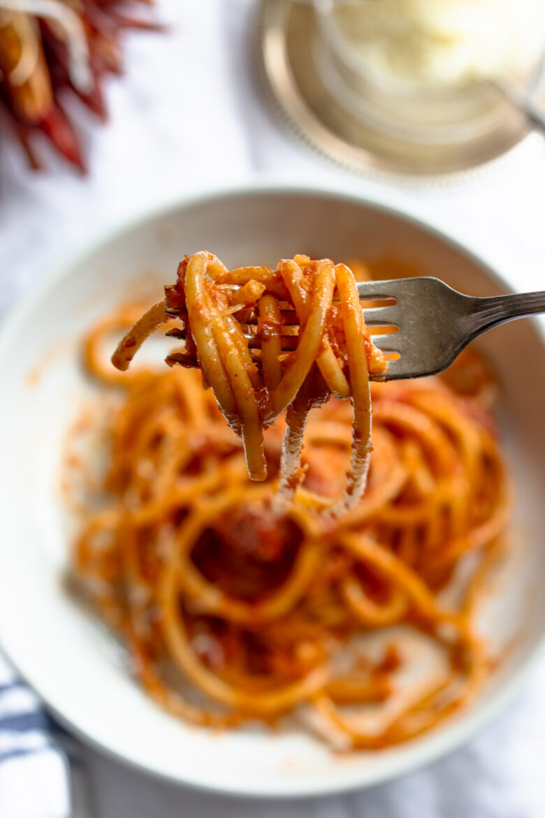 Bucatini around a fork, close up.