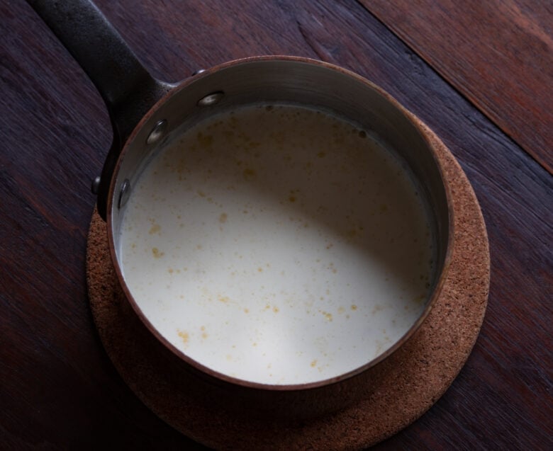 Warmed cream and melted brie cheese.