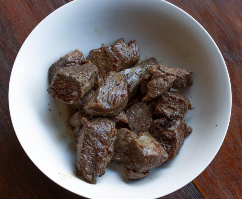 Seared beef cubes done and set aside.