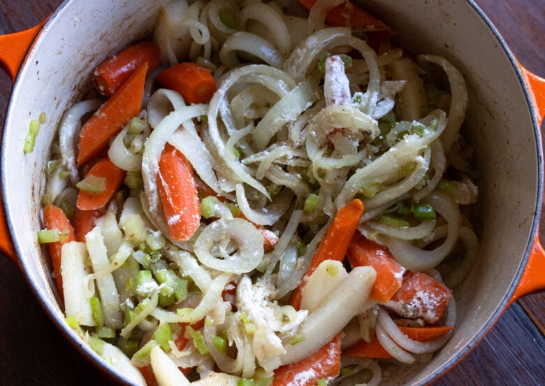 Carrots, onions, parsnips being cooked in the same Futch oven as the meat. 