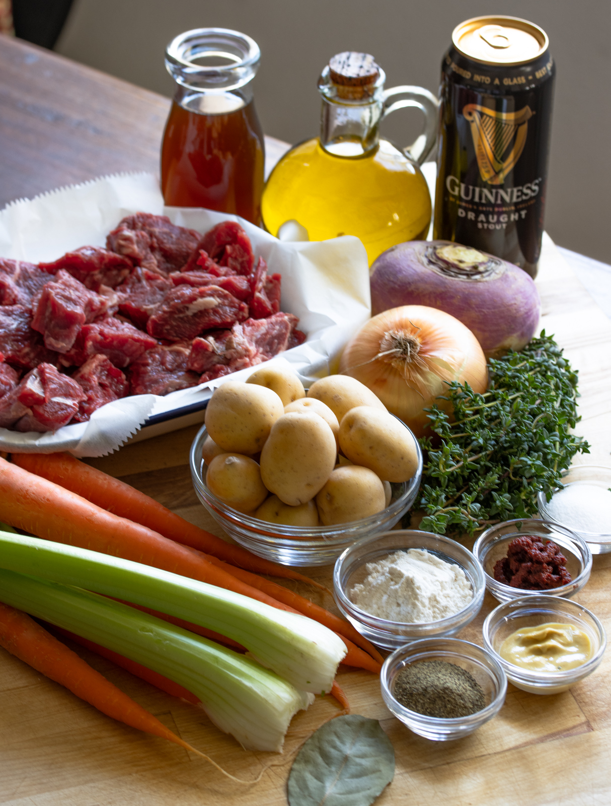Ingredients needed to make this beef in Guinness stew.
