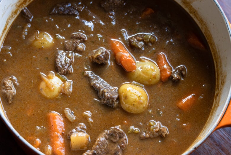 Potatoes added to the meat after two hours of cooking. 