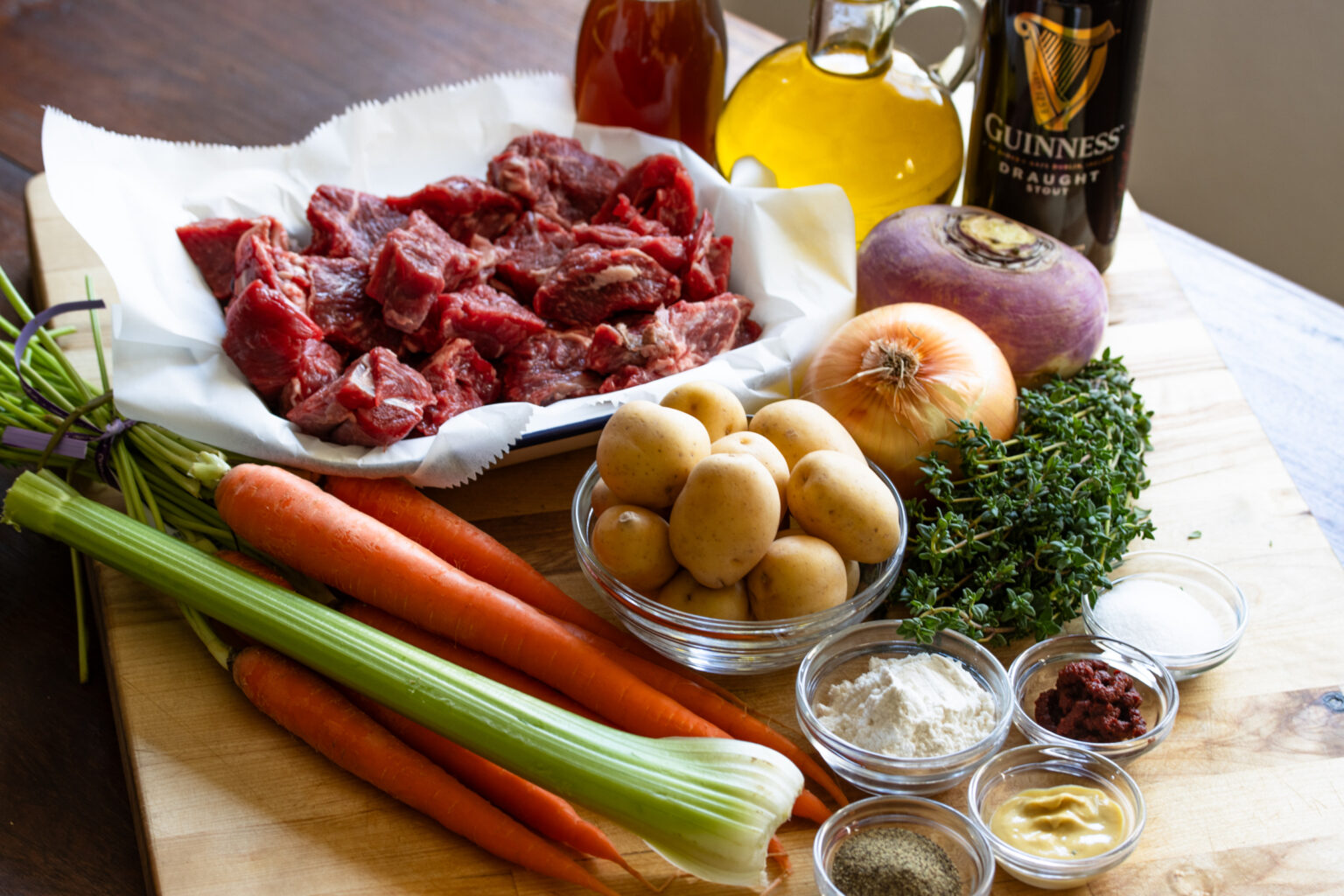 Ingredients needed to make this beef in Guinness stew. 