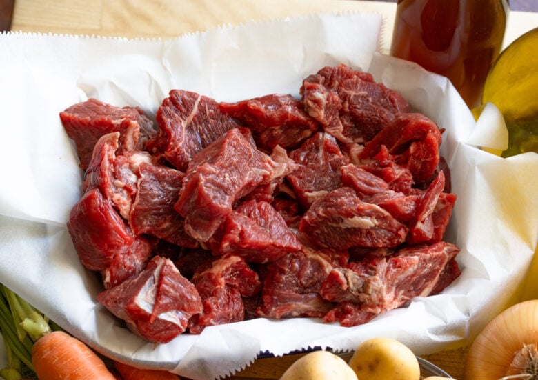 Stewing steak cut into 1-inch cubes.