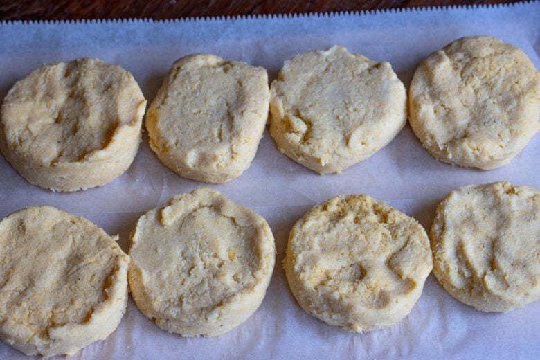 Refrigerated polenta rounds ready to be fried.