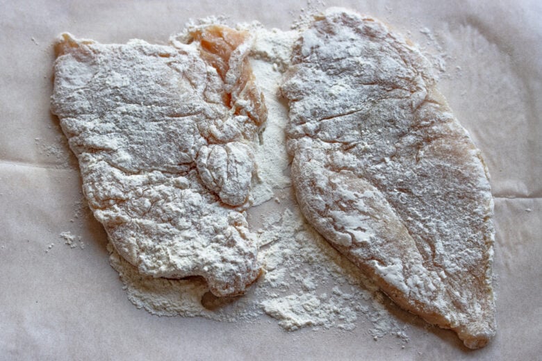 Pounded cutlets and dredged in flour.