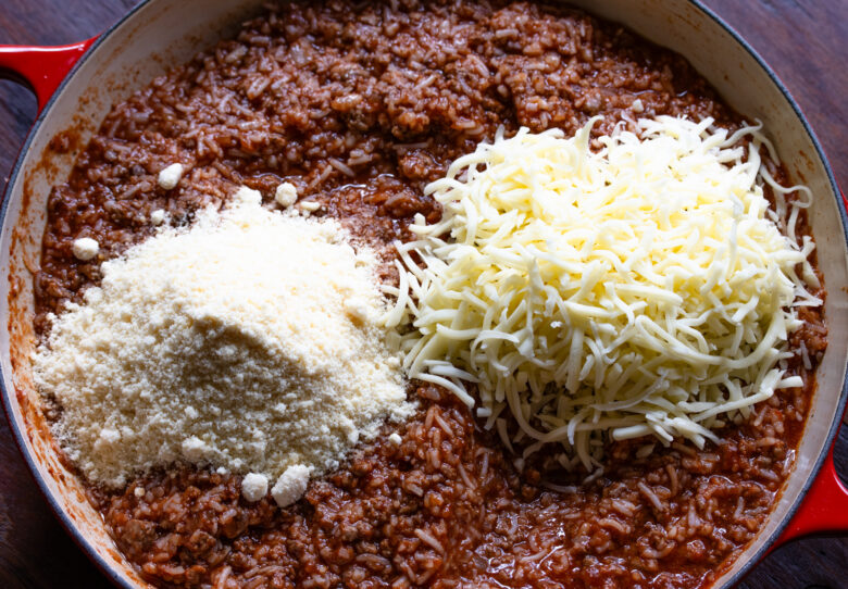 Mozzarella and parmesan added to the rice tomato mixture.