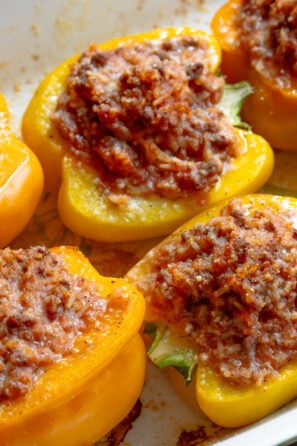 Stuffed bell peppers all cooked and ready to be enjoyed.