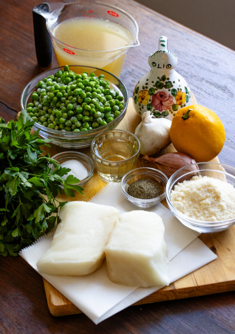 Ingredients needed to prepare your sea bass with lemon soup and pea puree