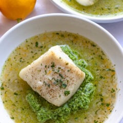 Lemon Soup with Pea Puree and Sea Bass