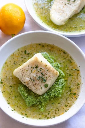Lemon Soup with Pea Puree and Sea Bass