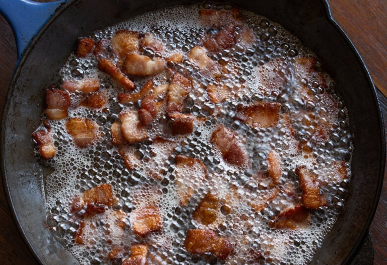 Bacon crispy after cooking.