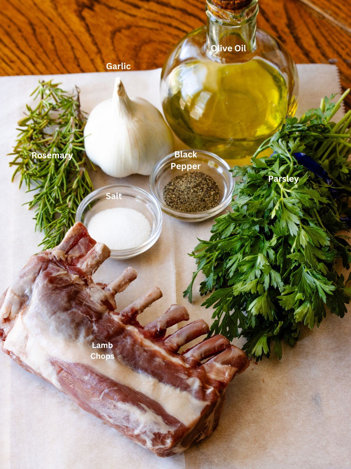 Ingredients needed to make this recipe of pan seard lamb chops.