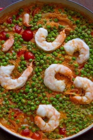 Shrimp and coconut curry with couscous in a skillet.