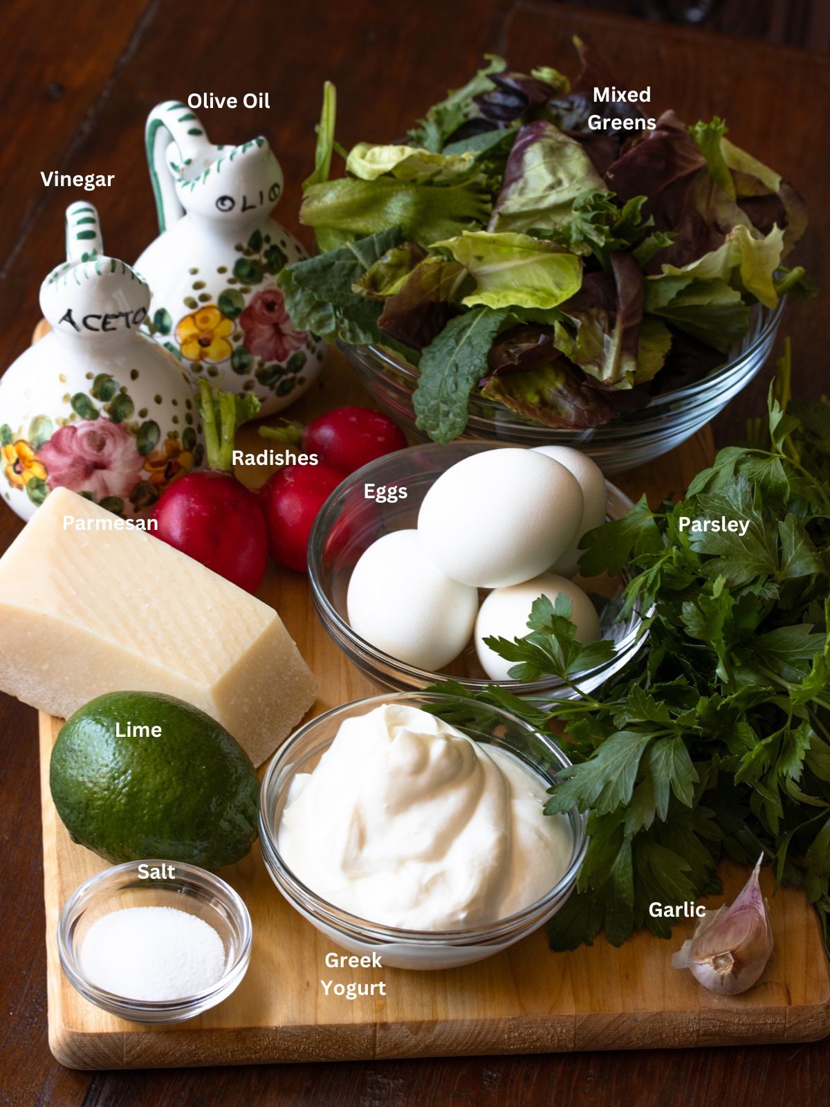 Ingredients needed to make this avocado dressing with mixed green salad
