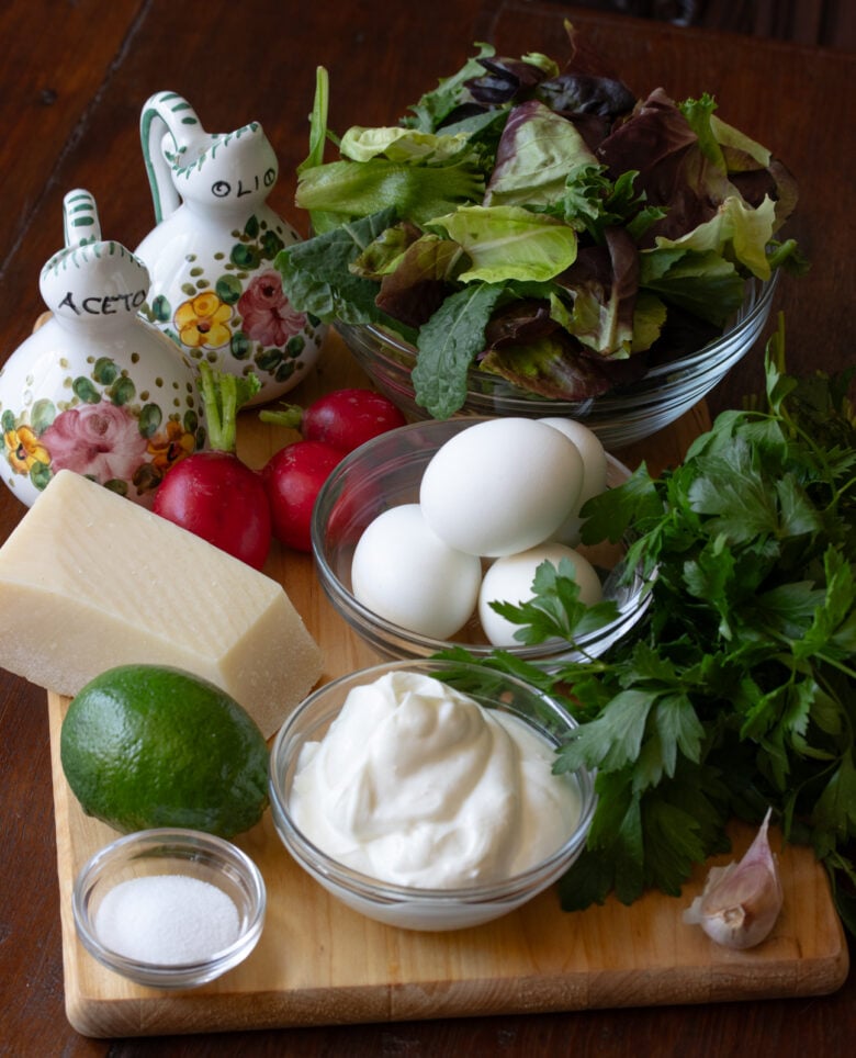 Ingredients needed to make this avocado dressing with mixed green salad