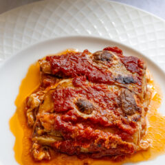 Eggplant Parmigiana in a serving dish.