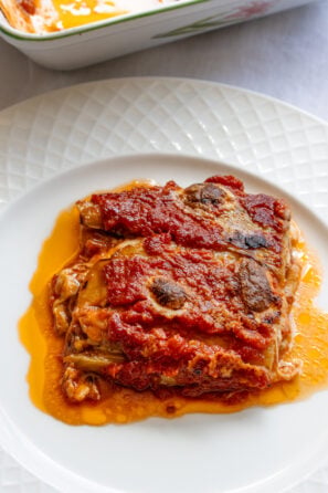 Eggplant Parmigiana in a serving dish.