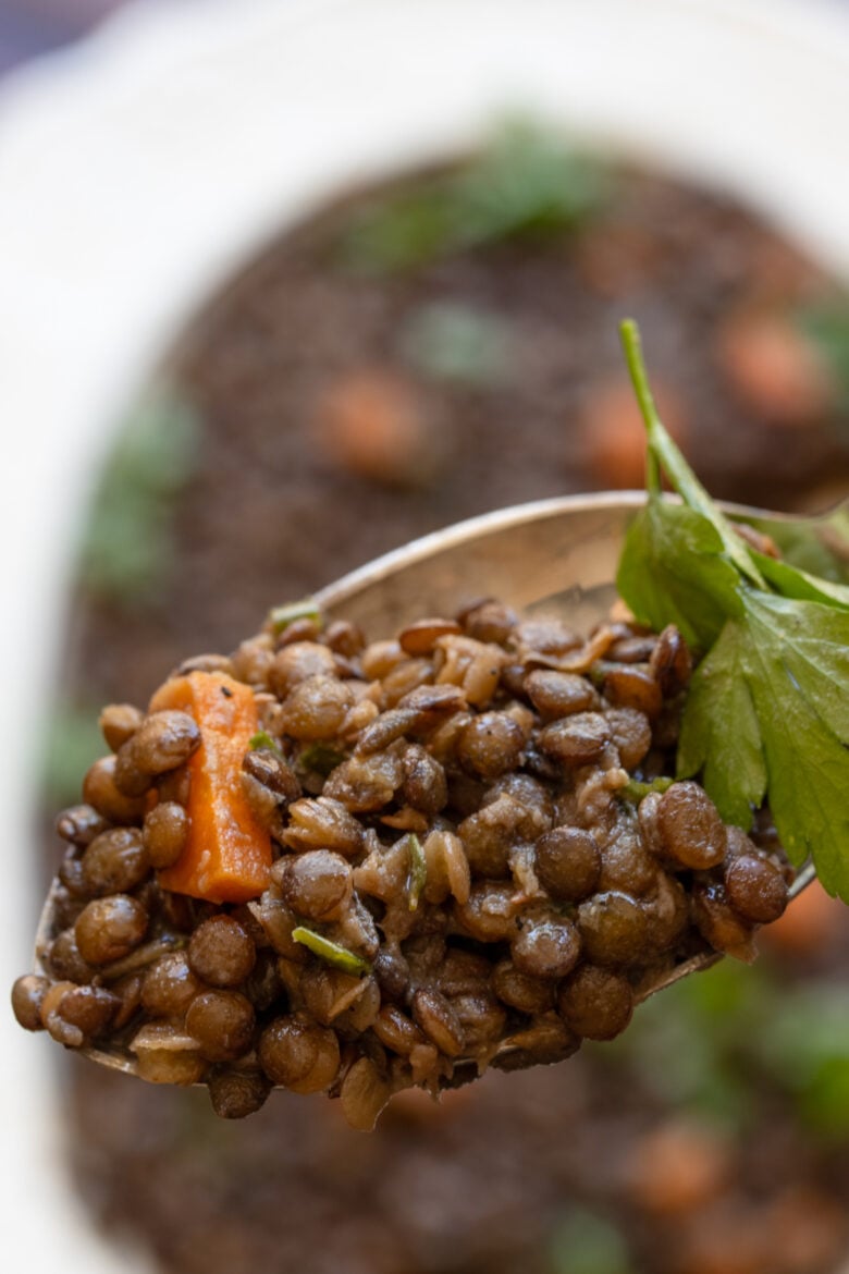 A spoonful of lentil salad ready to be enjoyed.