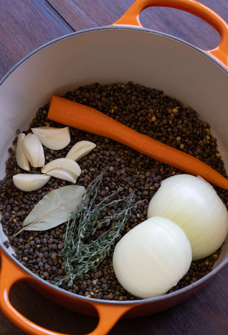 Green lentils, carrot, onion and herbs are ready to be cooked in a saucepan.
