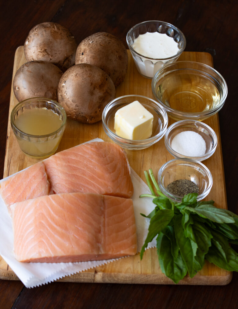 Ingredients needed to create this salmon and mushrooms.