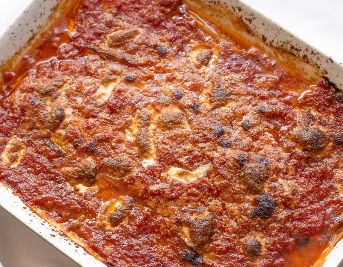 Baked eggplant parmigiana with golden melted mozzarella and Parmesan