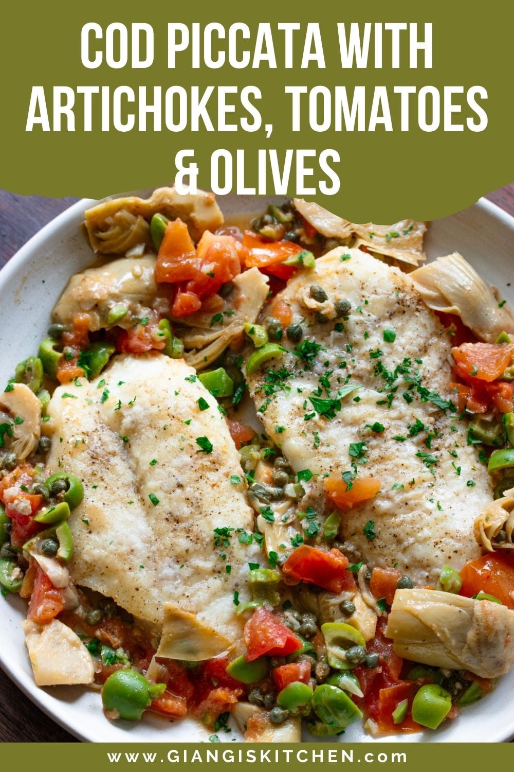 This easy cod piccata with artichokes, tomatoes, and green olives is ready in 20 minutes. Tender fish in a buttery lemon sauce. Perfect for dinner.